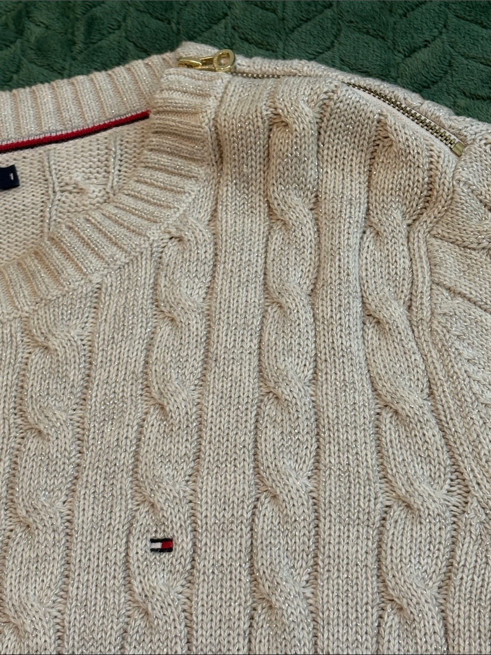 NWT Tommy Hilfiger Cream Metallic Cable Knit Sweater Coquette Preppy 2XL/XXL - Picture 2 of 9